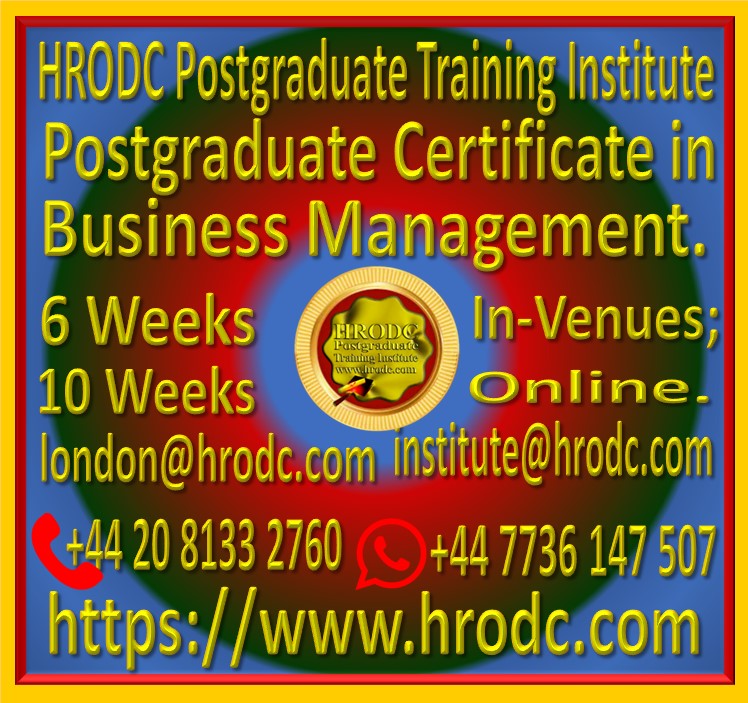 Graphics relating to our Institutes Name, Award Name, Duration, In-Venues and Online, (with contact details) of a Postgraduate Certificate Programme, offered by HRODC Postgraduate Training Institute, A Postgraduate-Only Institution https://www.hrodc.com.