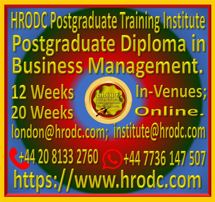 Graphics relating to our Institutes Name, Award Name, Duration, In-Venues and Online, (with contact details) of a Postgraduate Diploma Programme, offered by HRODC Postgraduate Training Institute, A Postgraduate-Only Institution https://www.hrodc.com.